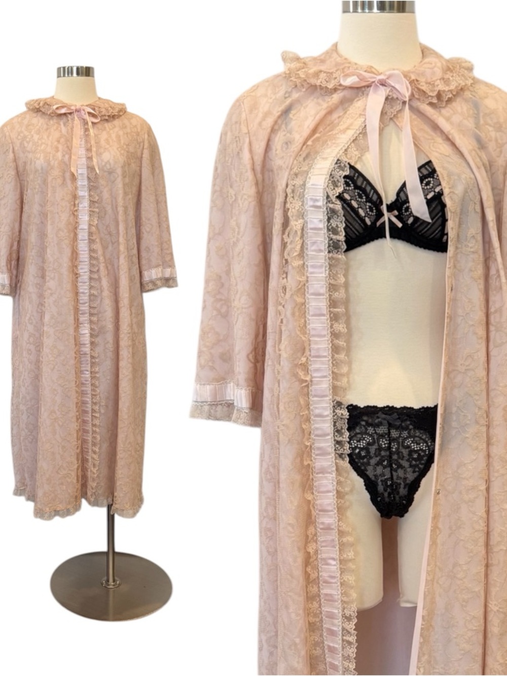 Odette Barsa Pink Lace Ruffled Lounging Glamorous 60s Vintage Bed Jacket Robe